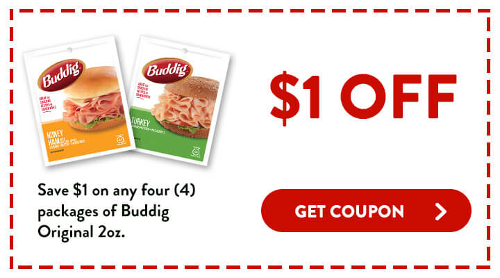 Save 1 dollar on any 4 packages of Buddig Original 2 ounces